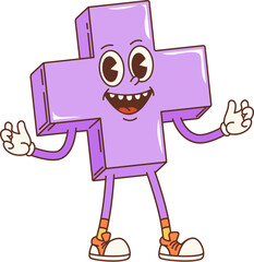 Poster - Cartoon groovy math figure of plus sign character with funky face, vector retro comic. 70s hippie or groovy retro cartoon mathematic sign of addition with happy crazy smile for freaky math emoji