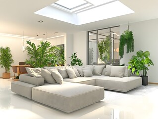 Cozy and inviting modern living room with a large comfortable sectional sofa minimalist and stylish decor pops of color accents sleek and polished surfaces natural greenery and potted plants