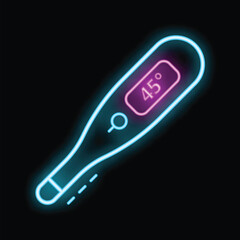 Poster - Neon digital medical thermometer showing high fever temperature on a black background
