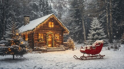 Poster - Santas sleigh parked beside cozy winter cabin surrounded by snowcovered pine trees glowing christmas lights and festive decorations creating a warm holiday scene