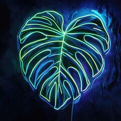 Wall Mural - Vibrant neon monstera leaf illuminated against a dark background, perfect for showcasing modern botanical aesthetics.