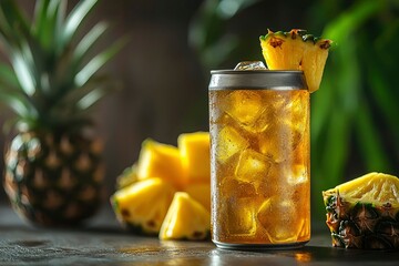 A Can of Pineapple Juice with Ice and Slices of Pineapple