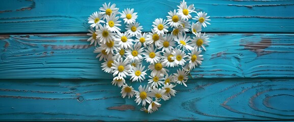 Wall Mural - daisy heart on rustic blue wood background