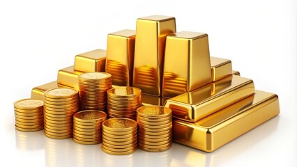 Gold bars and coins are stacked forming a growing chart on white background