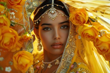 Enchanted Indian Bride in Golden Veil and Roses