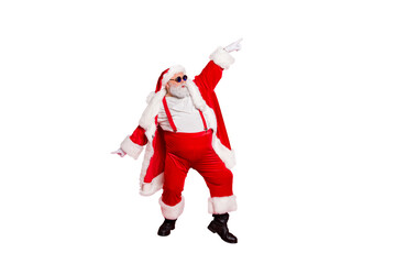 Wall Mural - full length photo of handsome old dabber fat funny santa claus in eyeglasses dance with his hand rai