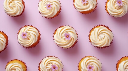 Wall Mural - A visually appealing arrangement of cupcakes with swirled frosting and decorative flowers.