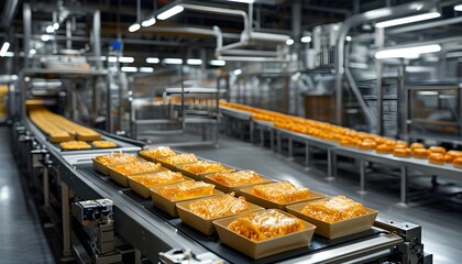 Streamlined Automated Food Processing System Featuring Packaged Products Against Clear Background