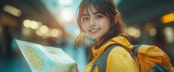 Young Woman Tourist Holding a