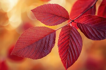 Close-up of Crimson Leaves with Intricate Veining Against a Blurred Orange Background