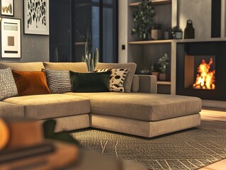 Cozy and inviting modern living room with a large comfortable sectional sofa minimalist stylish decor and the bright and warm glow of firelight  Featuring lush velvet upholstery geometric patterns