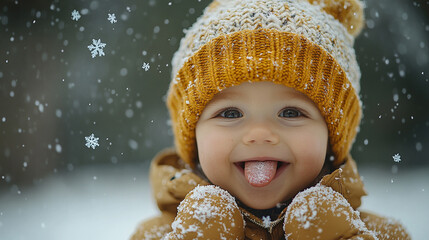 Wall Mural - 
A young child in a cozy hat and mittens catching snowflakes on their tongue