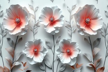 A white plastic chair with scattered daisies on the seat, with a clean white background and a detailed white statue in the middle.