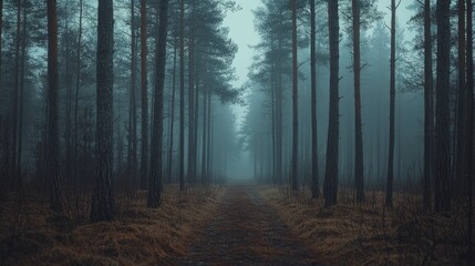  A misty forest path lined with tall pine trees, fog drifting between the trunks, soft ambient light