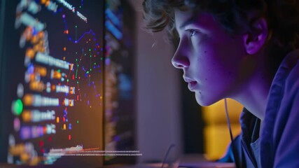 Poster - a student intently focuses on the computer screen as they experiment with coding, a student experime