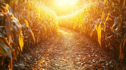 A scenic dirt path winding through a corn field, with the sun shining through the leaves, inviting viewers to explore the beauty of rural landscapes.