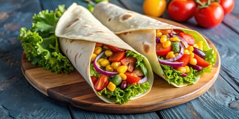 Top view of a delicious vegetarian tortilla burrito wrap stuffed with fresh vegetables, served on a menu concept background with copy space, ideal for fast food takeaway