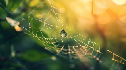 Wall Mural - water drop on a spider web in a soft sunlight