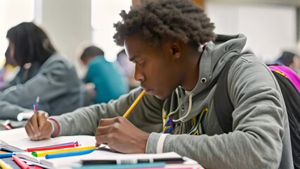 Poster - A young man sits in a classroom, diligently taking notes with a yellow pencil, A student sitting in a classroom, taking notes with colorful markers on a desk full of textbooks