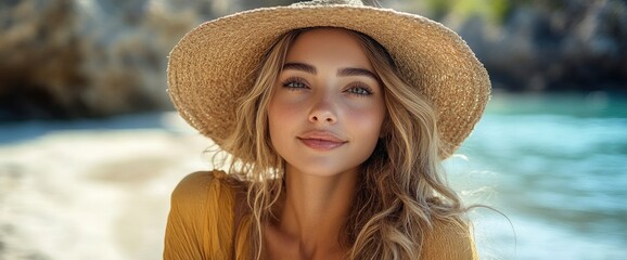 Wall Mural - Beautiful Woman in Straw Hat