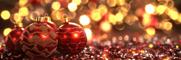 Red Christmas decorations with bokeh lights in background, festive holiday banner