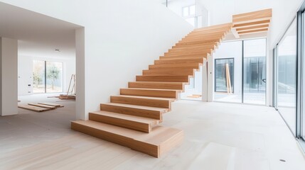 Workers installing a wooden staircase in a house under construction, staircase installation, interior design