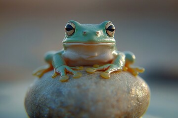 Wall Mural - A Close-Up of a Green Tree Frog Sitting on a Smooth, Grey Stone