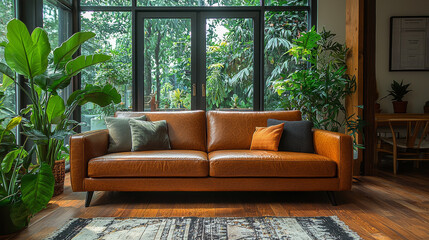 Poster - Leather sofa in a modern living room with large windows.