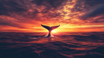 Poster - A serene sunset scene with a whale's tail silhouetted against the vibrant sky, capturing the tranquility and wonder of nature in the open sea.