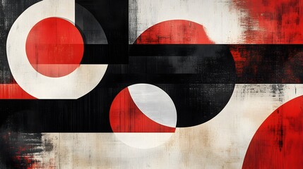 abstract geometric art with red, black, white on aged paper