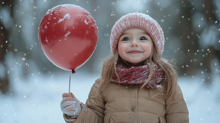 Wall Mural - 
A joyful little girl holding a red balloon, standing in a snow-covered forest, 