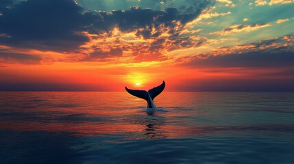 Poster - A serene sunset scene with a whale's tail silhouetted against the vibrant sky, capturing the tranquility and wonder of nature in the open sea.