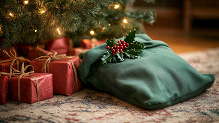 
A green Santa sack adorned with holly and berry decorations, resting under a Christmas tree.