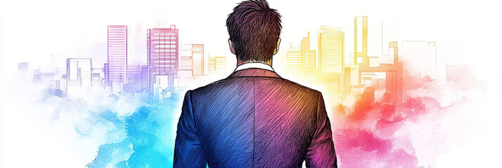 Wall Mural - Businessman looking towards the city skyline.