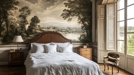 Poster - Luxurious bedroom with a scenic mural and french doors overlooking a lake.