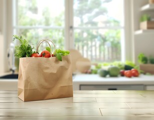 Paper Bag with Vegetables on Kitchen Counter