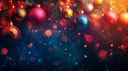 Poster - Vibrant modern christmas background glowing abstract christmas lights and ornaments set against a dark gradient backdrop with colorful geometric snowflakes and holiday cheer