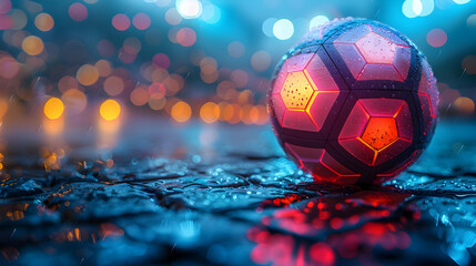 Wall Mural - Glowing Soccer Ball in the Rain - 3D Illustration