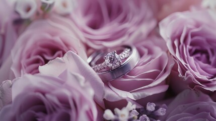 Wall Mural - wedding rings on a bouquet of pink roses