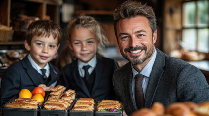 Two children in suits happily pose with an adult who is smiling, surrounded by trays of pastries and fruits in a charming bakery