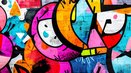 Wall Mural - Colorful graffiti wall with abstract shapes, layered textures, and expressive strokes, capturing the essence of pop art in an artistic background. Graffiti Pop. Illustration