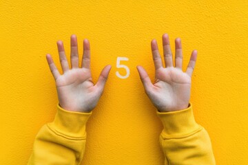 Bright yellow background with hands showing number 5