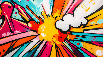 Wall Mural - Colorful pop art abstract graffiti mural with dynamic blasts and splashes in a vibrant backdrop. Graffiti Pop. Illustration
