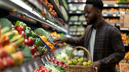 A close-up of a happy, stylish young man shopping in the fresh produce section of a supermarket, holding a basket while browsing colorful fruits and vegetables displayed in the grocery store.