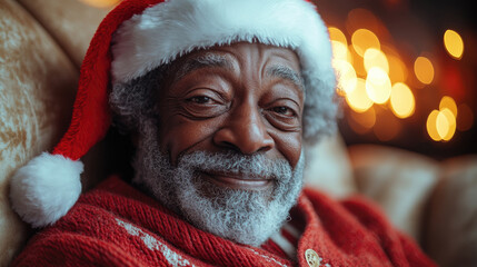 An older man with a white beard and Santa hat beams with joy, surrounded by festive lights, embodying the spirit of the holiday season