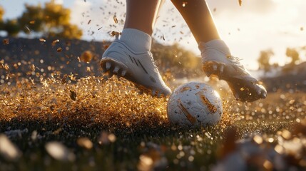 Close-up of a woman's foot kicking a soccer ball, grass flying, natural sunlight