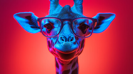 Sticker - A close-up of a giraffe wearing glasses, illuminated by neon lights.