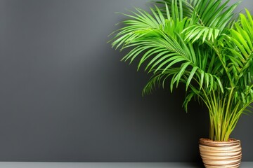 Lush green potted palm plant grey background for modern interior design