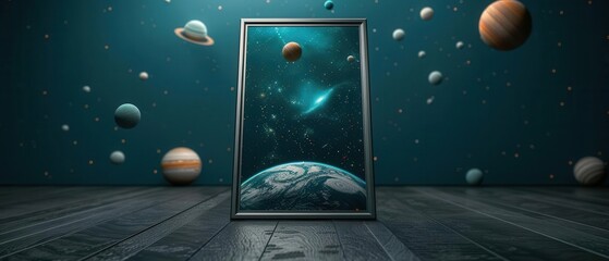 A surreal infinity mirror reflecting a sky filled with planets and galaxies, infinity, cosmic reflection