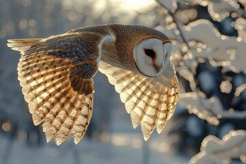 Wall Mural - A Barn Owl in Flight, Illuminated by the Setting Sun